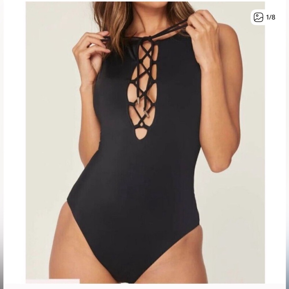 Andie Swim The Oahu One Piece Swimsuit Black lace up high neck back sexy